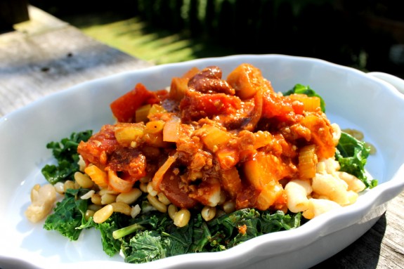 Post image for VeganMoFo 12: Wednesday = Dinner (Soyrizo, Eggplant & Bean Ratatouille over Kale and Kamut)
